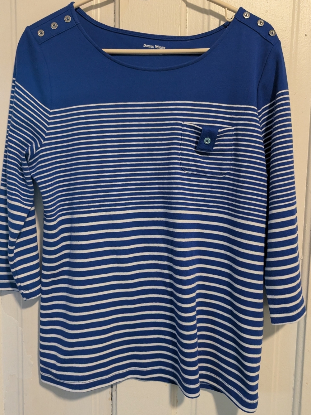 Ladies Studio Works Top - Shirt - Blouse  Size Large   Blue and White